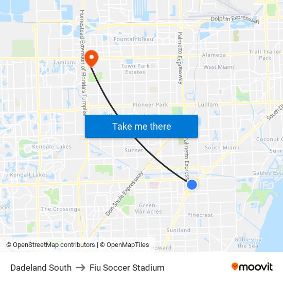 Dadeland South to Fiu Soccer Stadium map