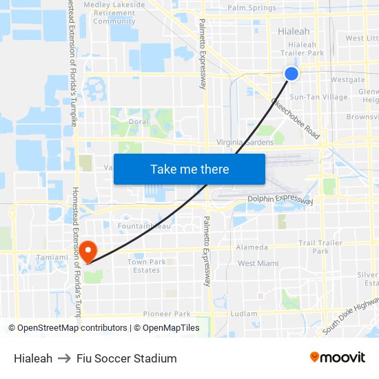 Hialeah to Fiu Soccer Stadium map