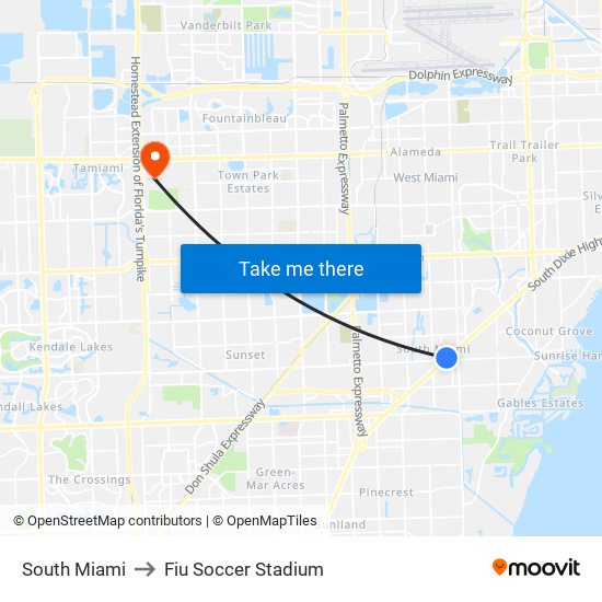 South Miami to Fiu Soccer Stadium map