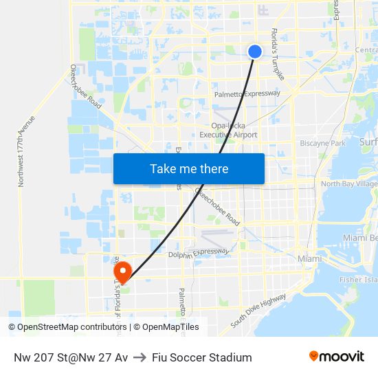 Nw 207 St@Nw 27 Av to Fiu Soccer Stadium map