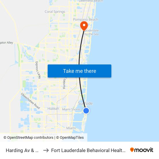 Harding Av & 72 St to Fort Lauderdale Behavioral Health Center map