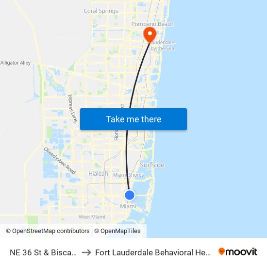 NE 36 St & Biscayne Bd to Fort Lauderdale Behavioral Health Center map