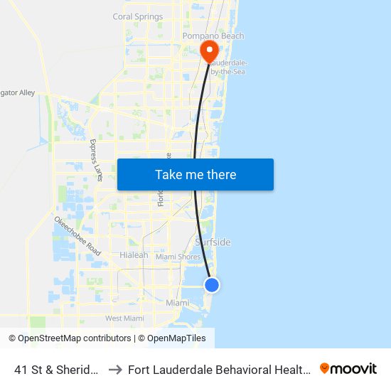 41 St & Sheridan Av to Fort Lauderdale Behavioral Health Center map