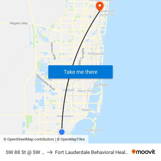 SW 88 St @ SW 72 Ct to Fort Lauderdale Behavioral Health Center map