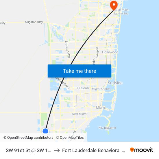 SW 91st St @ SW 162nd Ave to Fort Lauderdale Behavioral Health Center map