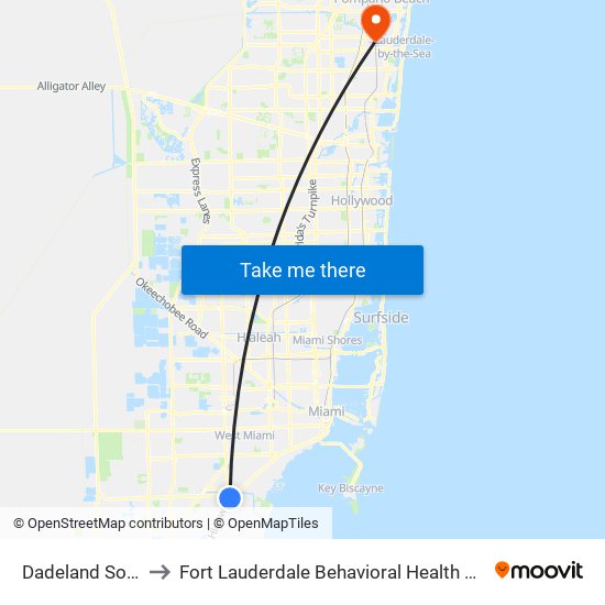 Dadeland South to Fort Lauderdale Behavioral Health Center map