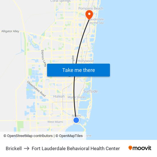 Brickell to Fort Lauderdale Behavioral Health Center map