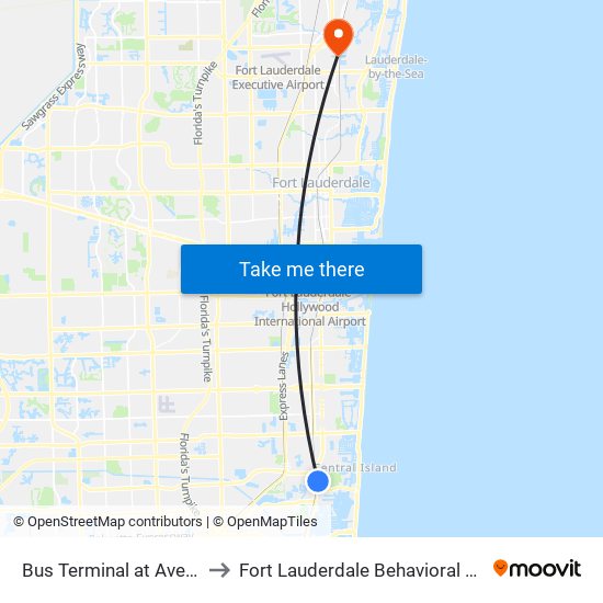 Bus Terminal at Aventura Mall to Fort Lauderdale Behavioral Health Center map