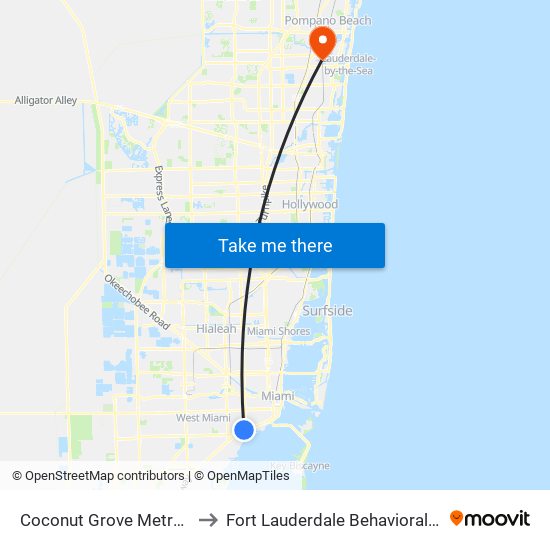 Coconut Grove Metrorail Station to Fort Lauderdale Behavioral Health Center map