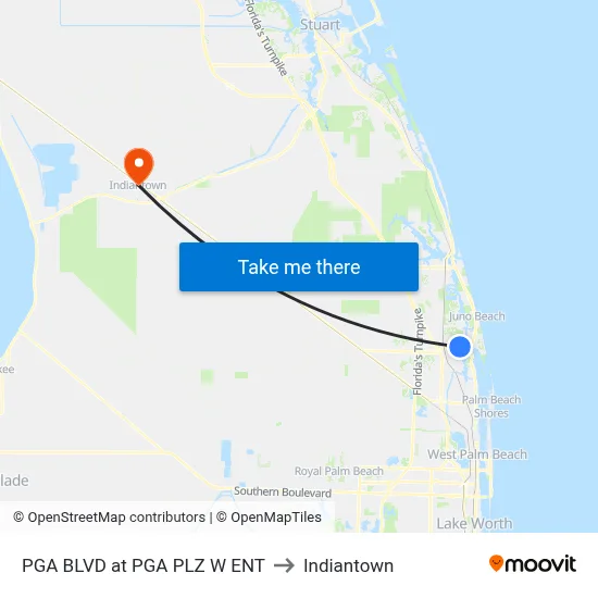 PGA BLVD at PGA PLZ W ENT to Indiantown map