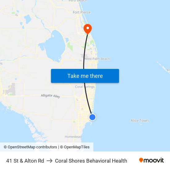41 St & Alton Rd to Coral Shores Behavioral Health map