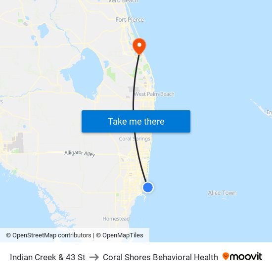 Indian Creek & 43 St to Coral Shores Behavioral Health map