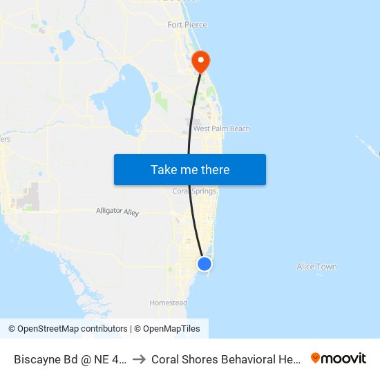 Biscayne Bd @ NE 4 St to Coral Shores Behavioral Health map