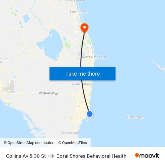 Collins Av & 38 St to Coral Shores Behavioral Health map