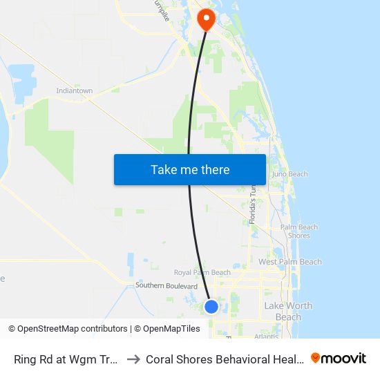 Ring Rd at Wgm Trml to Coral Shores Behavioral Health map