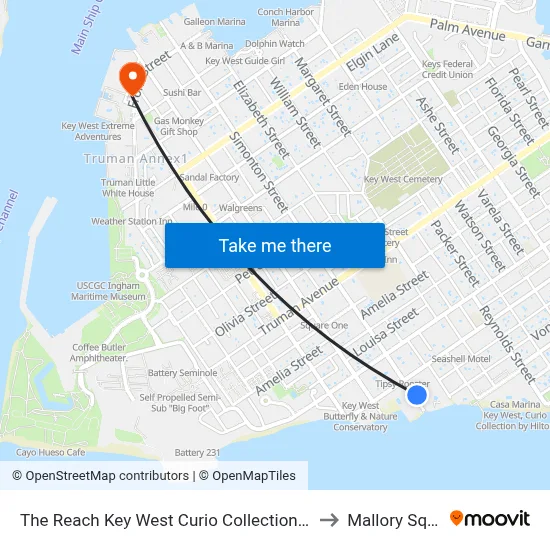 The Reach Key West Curio Collection by Hilton to Mallory Square map
