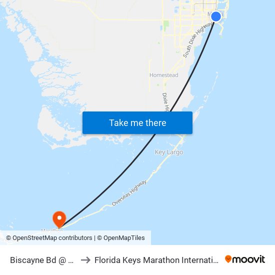 Biscayne Bd @ NE 4 St to Florida Keys Marathon International Airport map