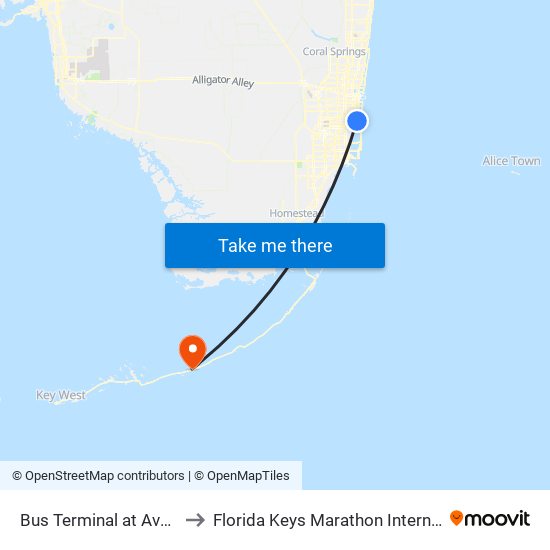 Bus Terminal at Aventura Mall to Florida Keys Marathon International Airport map