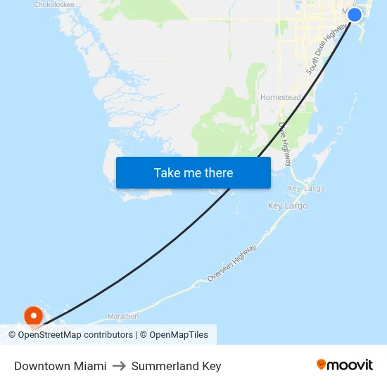 Downtown Miami to Summerland Key map