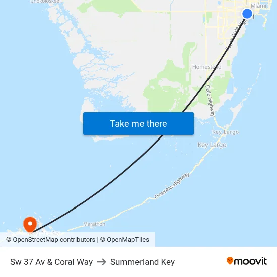 Sw 37 Av & Coral Way to Summerland Key map