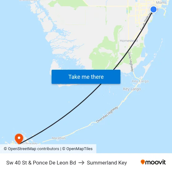 Sw 40 St & Ponce De Leon Bd to Summerland Key map