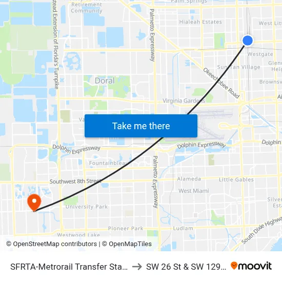 SFRTA-Metrorail Transfer Station to SW 26 St & SW 129 Av map
