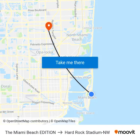 The Miami Beach EDITION to Hard Rock Stadium-NW map