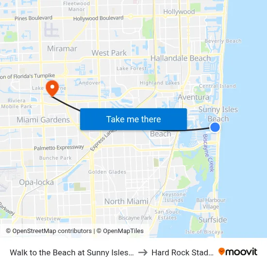 Walk to the Beach at Sunny Isles, Miami Beach to Hard Rock Stadium-NW map