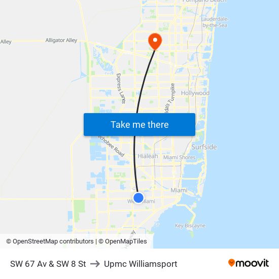 SW 67 Av & SW 8 St to Upmc Williamsport map