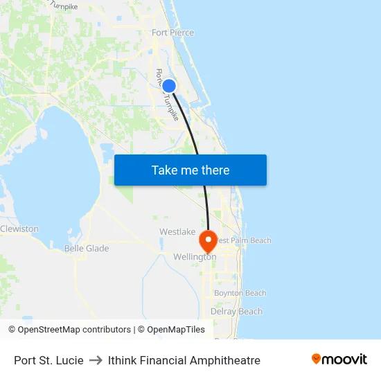 Port St. Lucie to Ithink Financial Amphitheatre map