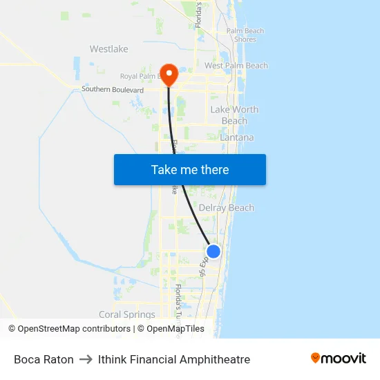 Boca Raton to Ithink Financial Amphitheatre map