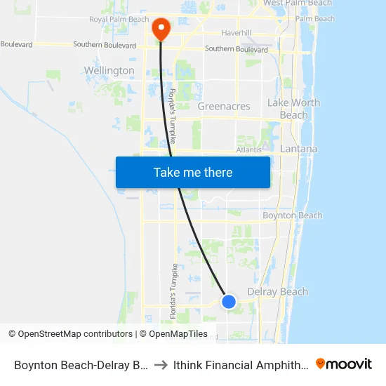 Boynton Beach-Delray Beach to Ithink Financial Amphitheatre map