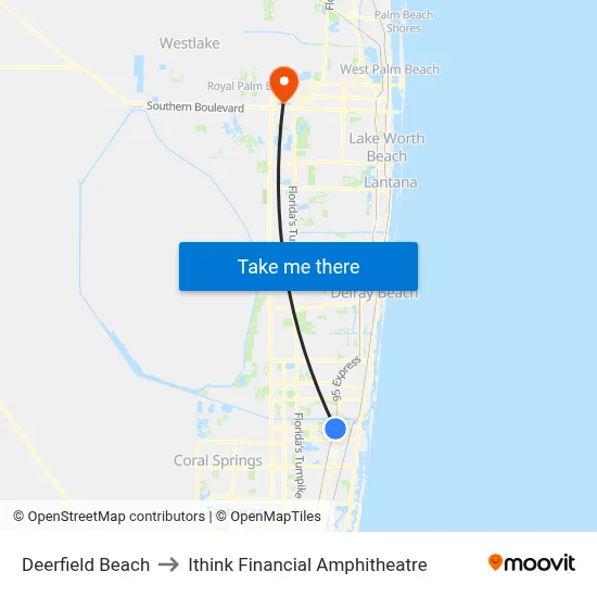 Deerfield Beach to Ithink Financial Amphitheatre map