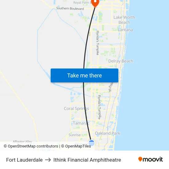 Fort Lauderdale to Ithink Financial Amphitheatre map