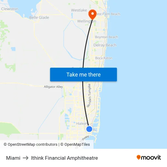 Miami to Ithink Financial Amphitheatre map