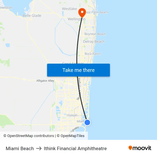 Miami Beach to Ithink Financial Amphitheatre map
