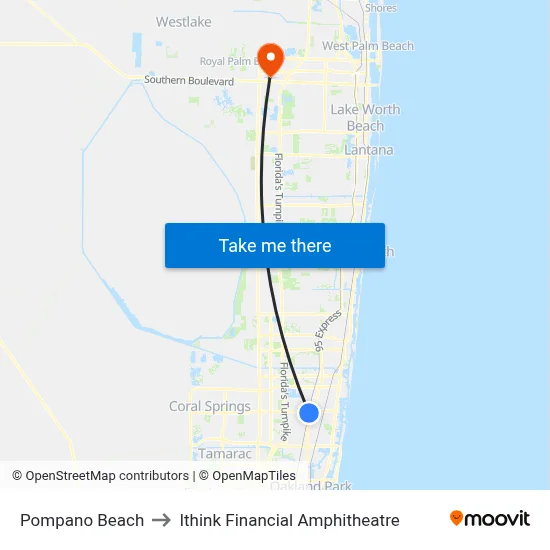 Pompano Beach to Ithink Financial Amphitheatre map