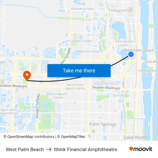 West Palm Beach to Ithink Financial Amphitheatre map