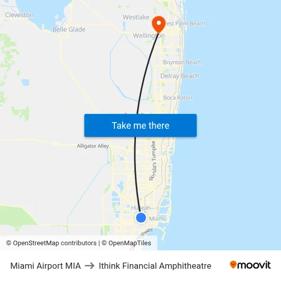 Miami Airport MIA to Ithink Financial Amphitheatre map