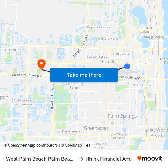 West Palm Beach Palm Beach Airport PBI to Ithink Financial Amphitheatre map