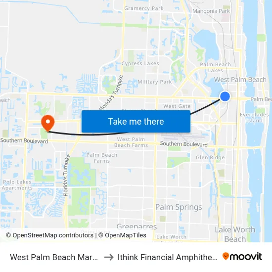 West Palm Beach Marriott to Ithink Financial Amphitheatre map