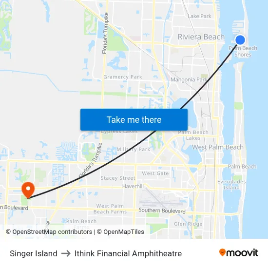 Singer Island to Ithink Financial Amphitheatre map