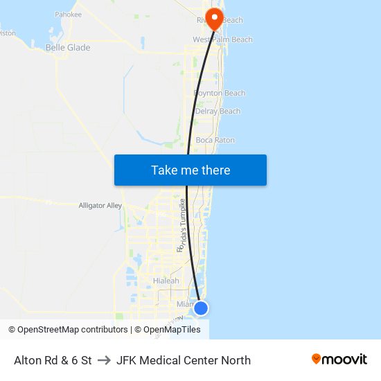 Alton Rd & 6 St to JFK Medical Center North map