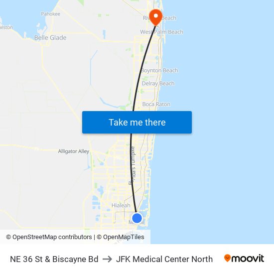 NE 36 St & Biscayne Bd to JFK Medical Center North map