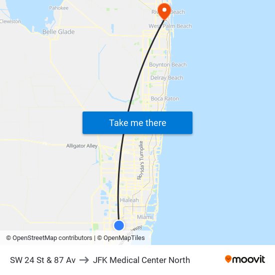 SW 24 St & 87 Av to JFK Medical Center North map