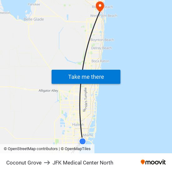 Coconut Grove to JFK Medical Center North map