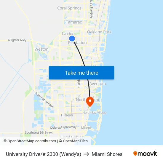 University Drive/# 2300 (Wendy's) to Miami Shores map