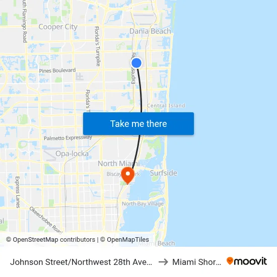 Johnson Street/Northwest 28th Avenue to Miami Shores map