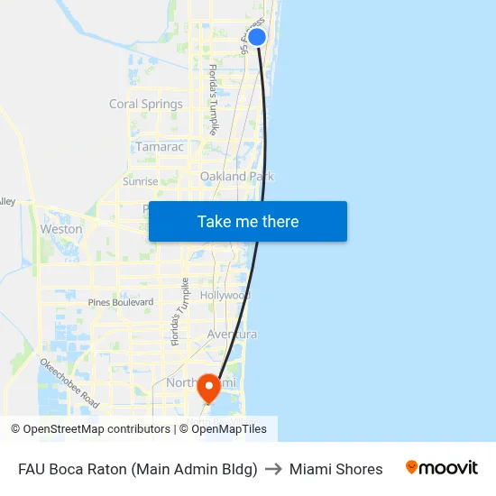 FAU Boca Raton (Main Admin Bldg) to Miami Shores map