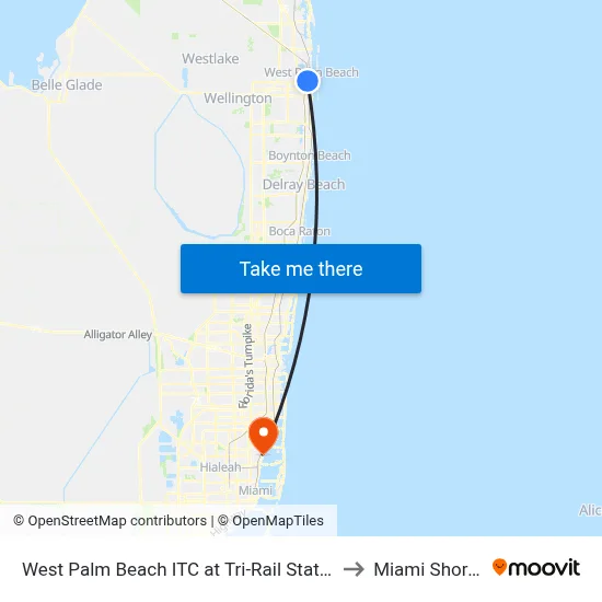 West Palm Beach ITC at Tri-Rail Station to Miami Shores map